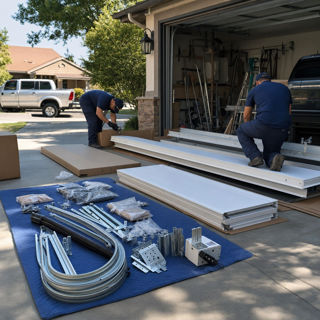 Garage door installation preparation with parts laid out