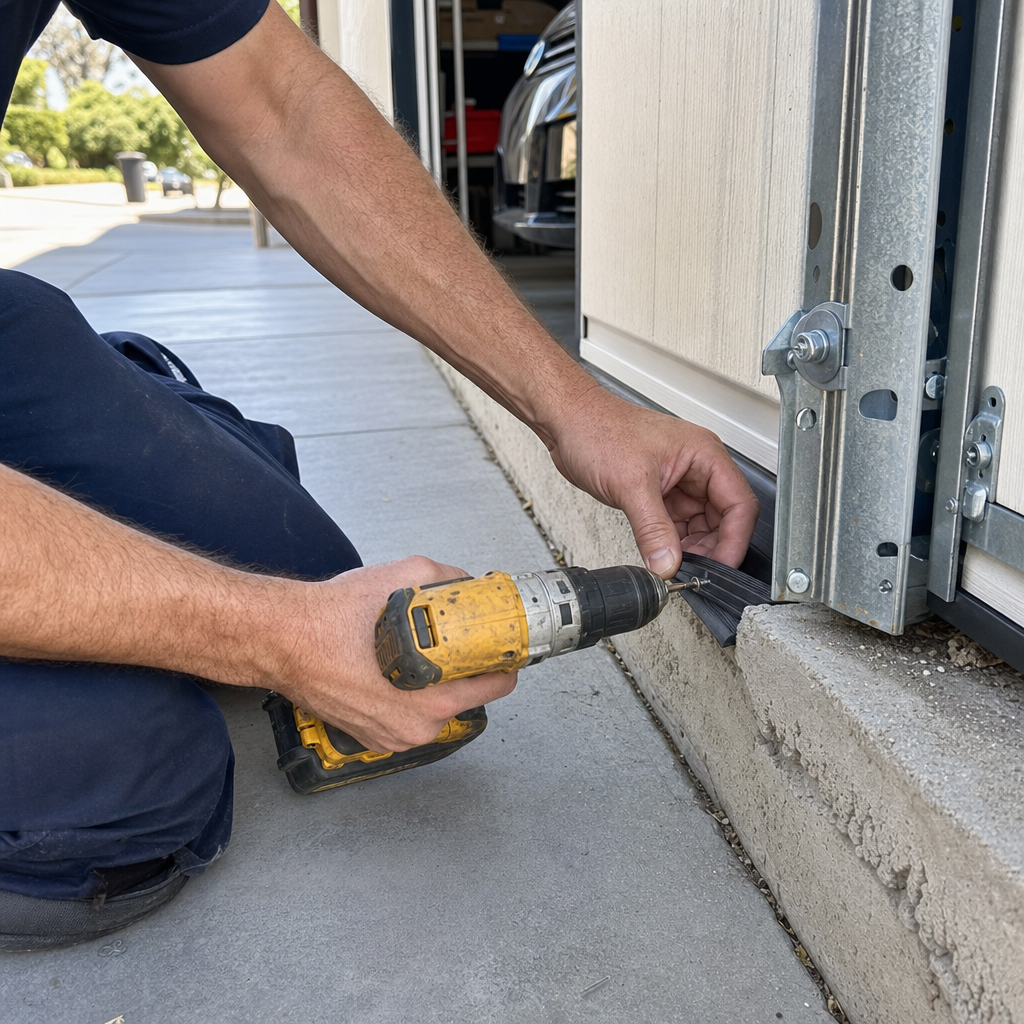 Technician installs garage door bottom seal with a drill