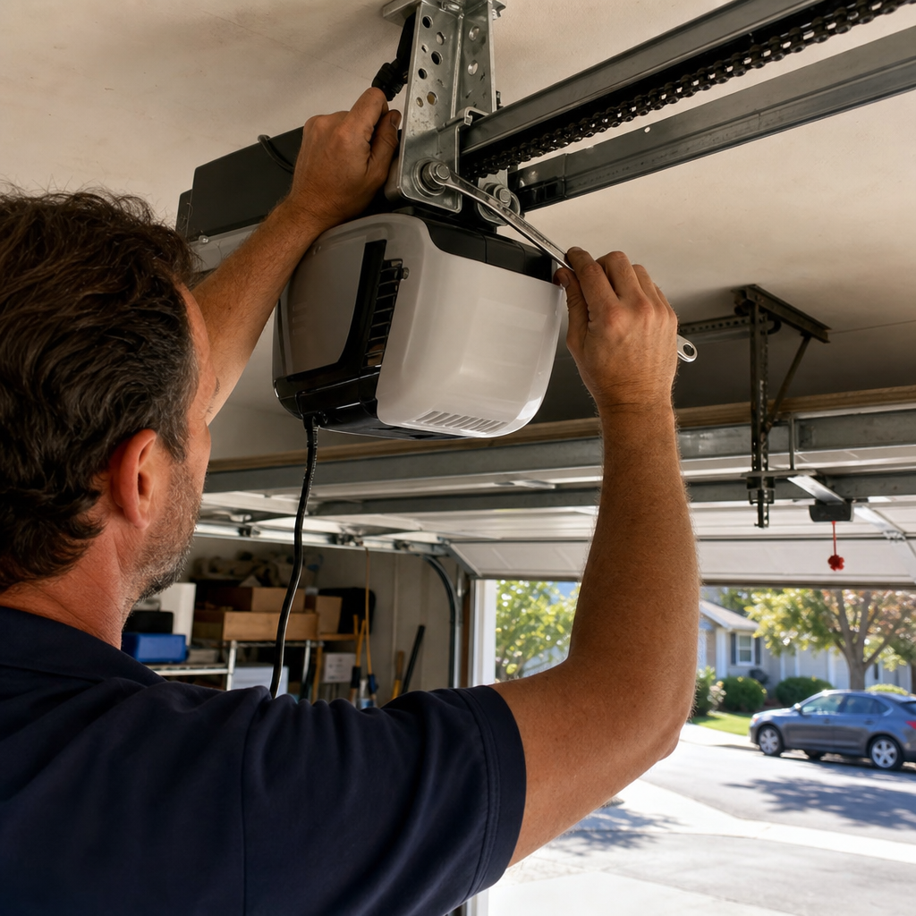 Professional installing a garage door opener motor