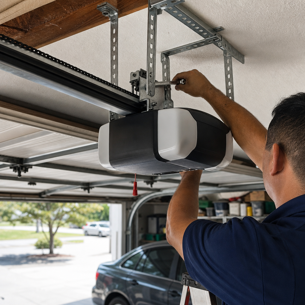 Technician installing and repairing garage door opener system