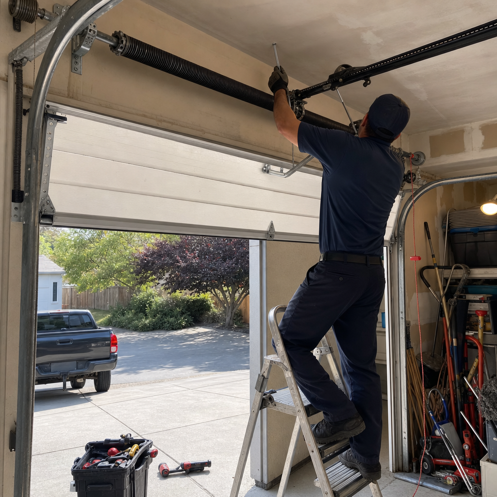 Garage door repair technician adjusting spring mechanism on open garage door.