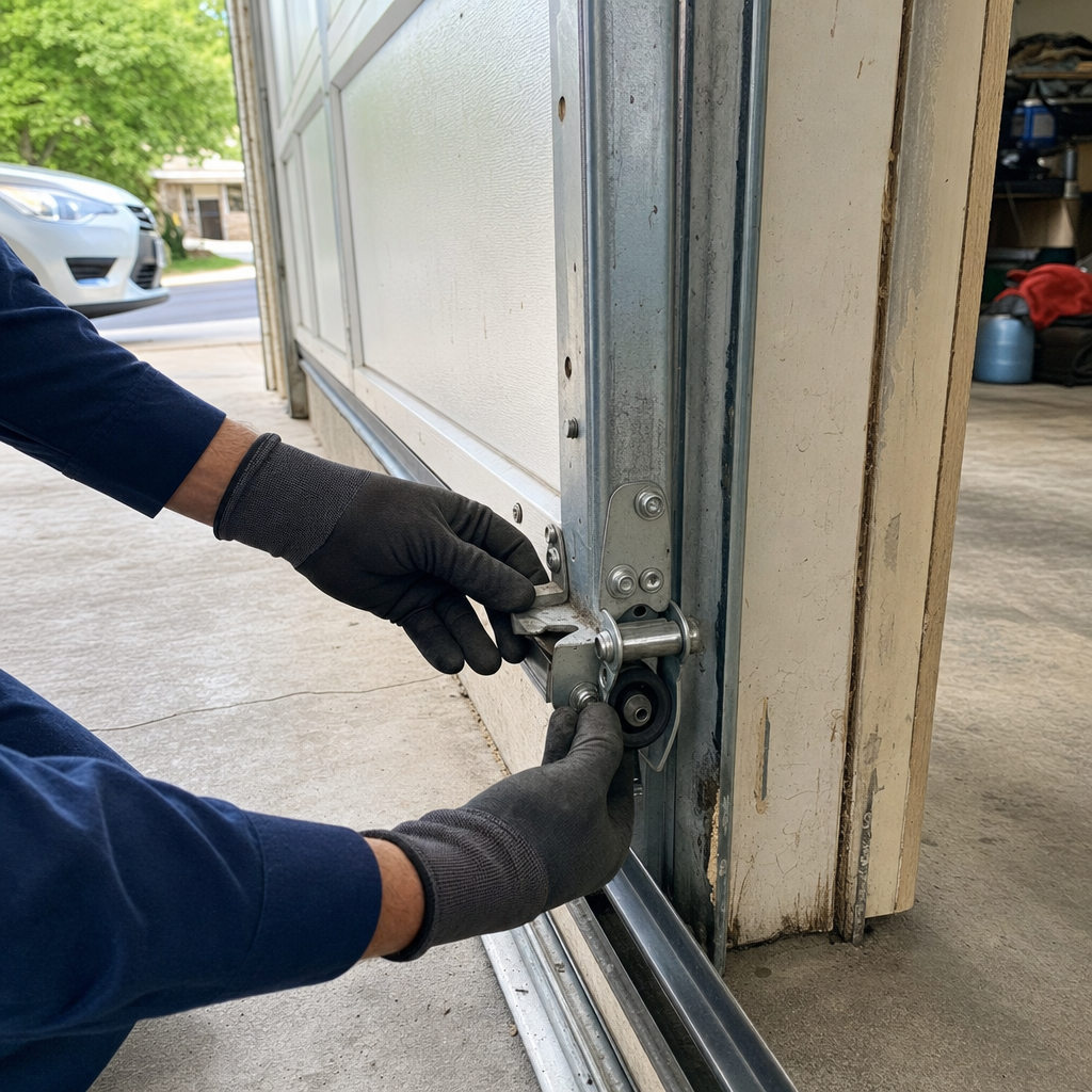 Technician performing emergency garage door repair on roller mechanism. in Sacramento, CA