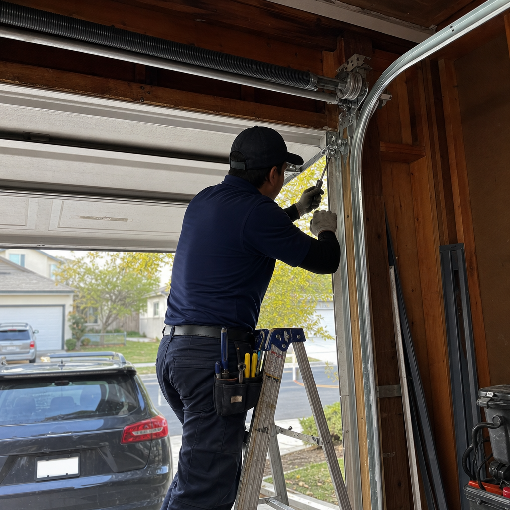 Technician performing emergency garage door repair on a spring. in Berkeley, CA