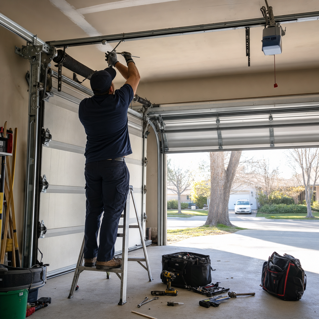 Garage door repair technician performing emergency service on overhead door. in August, CA